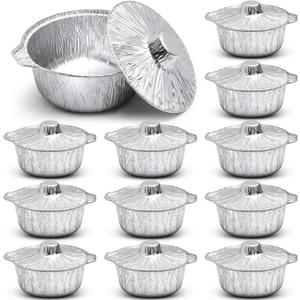 12 Pcs Disposable Aluminum Pot with Lid Round Foil Pans Disposable Cookware Food Container for Vacation Trips Camping Baking Heating Cooking (33.8 oz) (33.8 oz)