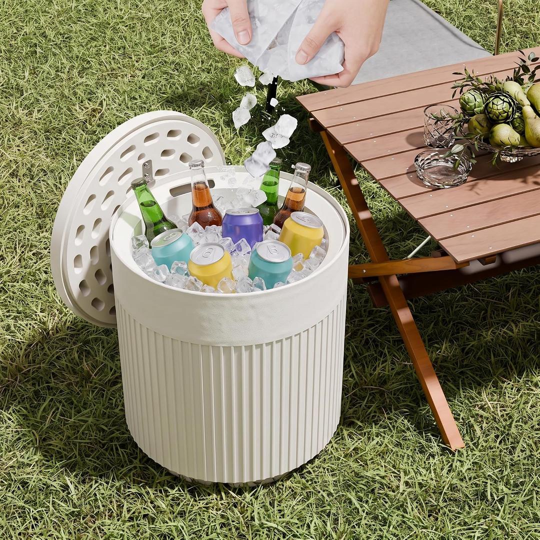 Outdoor Cooler Side Table, 2 in 1 Ice Chest Cooler Table All Weather Resistant | Dense Fluted Cooler Side Table with Hangable Lid for Patio Decor, Deck, BBQ, Beach | White, 14.76" L x 14.76" W x 16.65" H