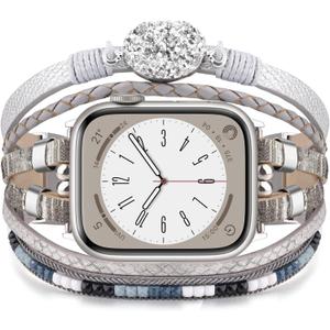 KOREDA Boho Leather Bracelet Compatible for Apple Watch Band 38mm 40mm 41mm 42mm 44mm 45mm 46mm Series 11 10 9 8 7 SE Women, Handmade Multilayer Wrap Beaded Jewelry Apple Watch Strap for iWatch Series 6/5/4/3/2/1 (Grey)