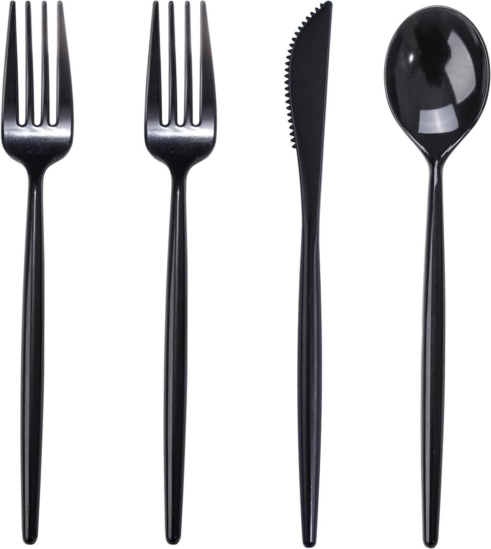 Rubtlamp 90Pcs Plastic Black Silverware, Black Disposable Cutlery, Plastic Utensils Heay Duty include 30 Plastic Knives 60 Plastic Black Forks and Spoons, Black Cutlery Set Disposable