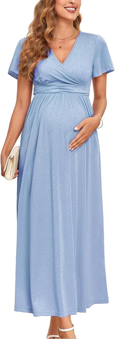 2025 Women's Sparkly Maternity Maxi Dress Ruffle Sleeve Wrap V Neck Pregnancy Dresses with Pockets Baby Shower (Small)