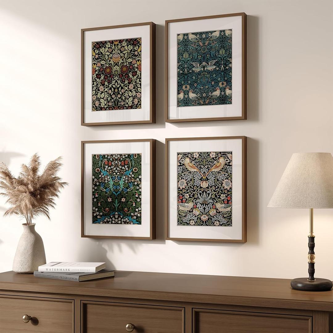 Framed William Morris Canvas Wall Art, 4 Piece Vintage Botanical Floral Bird Wall Art Decor, Retro Strawberry Thief Painting Artwork for Living Room, Bedroom, Bathroom, Office, Dining Room, 8x10