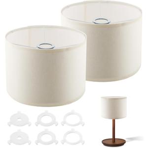 Beige Lamp shades Set of 2, Linen Drum Lampshades, 10.24" Top x 10.24" Bottom x 7.48" High Small Lamp Shade for Table Lamps & Floor Lam-ps & Bedside Lam ps Replacement, Easy Assembly(White)