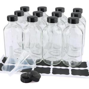 12 Pack 8 oz Clear Glass Bottles, 240ml Boston Round Sample Bottles with Black Poly Cone Caps, Labels and Funnels