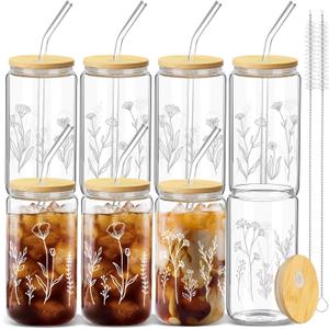 Zubebe 8 Pcs Wildflower Design Beer Glass with Lids and Straw Floral Glasses Boho Iced Coffee Cup Cute Coffee Tumbler Aesthetic Boho Coffee Mug with 2 Cleaning Brushes for Drinking (Clear)