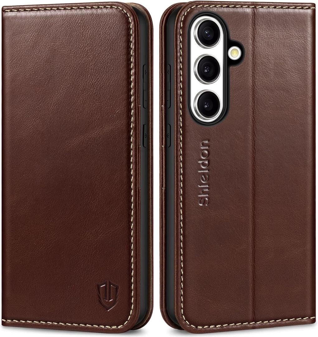 SHIELDON Case for Galaxy S25+ Plus 5G, Genuine Leather Folio Wallet Magnetic Kickstand RFID Blocking Card Slots Shockproof Full Protection Cover Compatible with Galaxy S25+ 6.7" 2025 - Retro Coffee