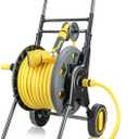 Garden Hose Reel Cart for Outside, Water Hose Holder with Rewind Handle, Includes 100ft Hose and 5ft Leader Hose, Nozzle