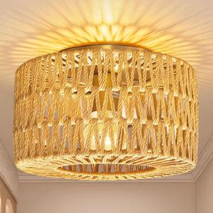 Rattan Ceiling Light Fixture, Bohemian Modern Woven, Boho Flush Mount, 9.84inch