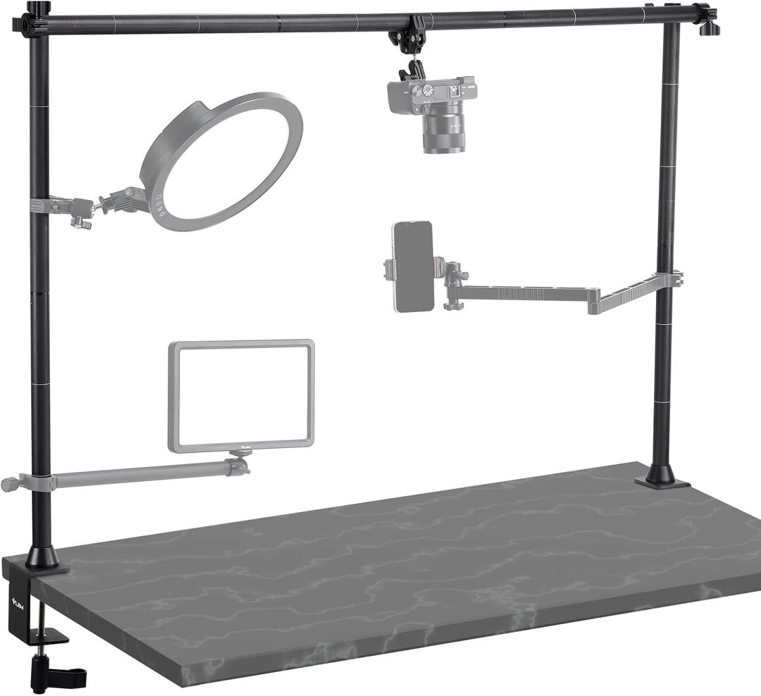 JUSMO LS15 Pro Camera Desk Mount, Aluminum Overhead Camera Mount Rig, Table Multi-Device Pole to Mount Magic Arm Clamp, DSLR, Cameras, Phone, Light, Microphone, Streaming, Studio, Max Load 22 lb