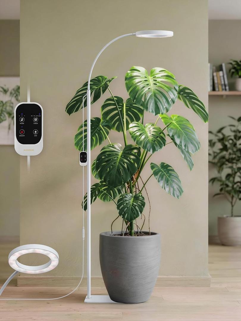 GLOWRIUM Grow Lights for Indoor Plants, Full Spectrum LED Grow Light Floor Lamp with Stand Adjustable Height and Angle, Black Plant Light with 3/9/12H Grow Light Timer (White, 20W)