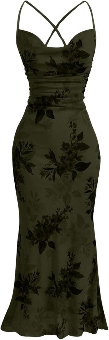 SOLY HUX Women's Floral Mesh Bodycon Cami Dress Cowl Neck Sleeveless Cocktail Party Wedding Guest Long Maxi Dresses (Army Green Floral)