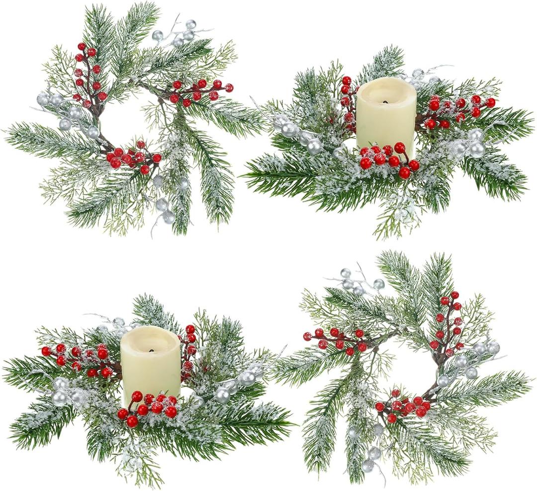 Berlune 4 Pieces Christmas Candle Rings Decorative Candle Holder Mini Christmas Wreaths Xmas Table Wreath Garland for Xmas Wedding Party Living Room Dining Table (Pine Needles)