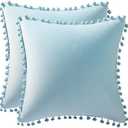 DEZENE Throw Pillow Cases 16x16 Light-Blue: 2 Pack Cozy Soft Pom-poms Velvet Square Decorative Pillow Covers for Farmhouse Home Decor
