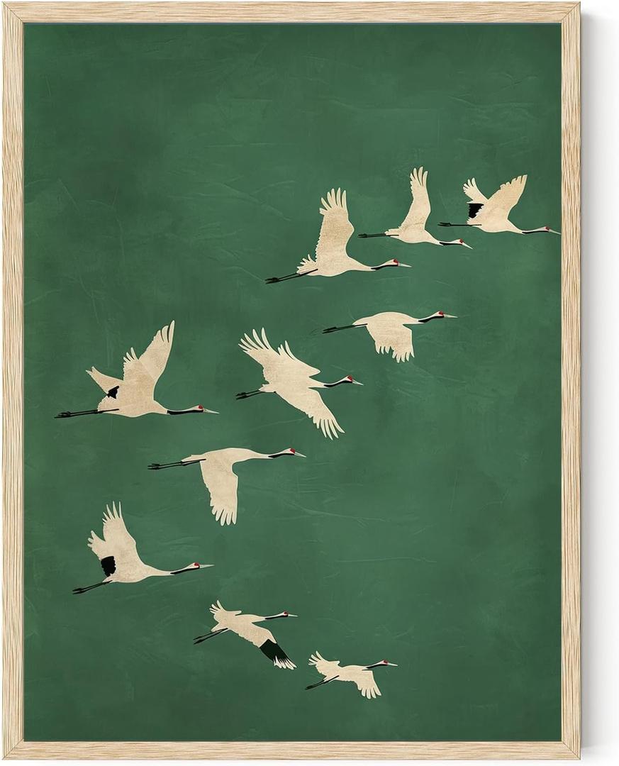 Vintage Wall Art Decor Animals Painting Prints Aesthetic Bedroom Wall Art Retro Bird Picture Green White Nature Flying Cranes Japandi Posters 12x16inch Unframed for Living Room Bedroom Office