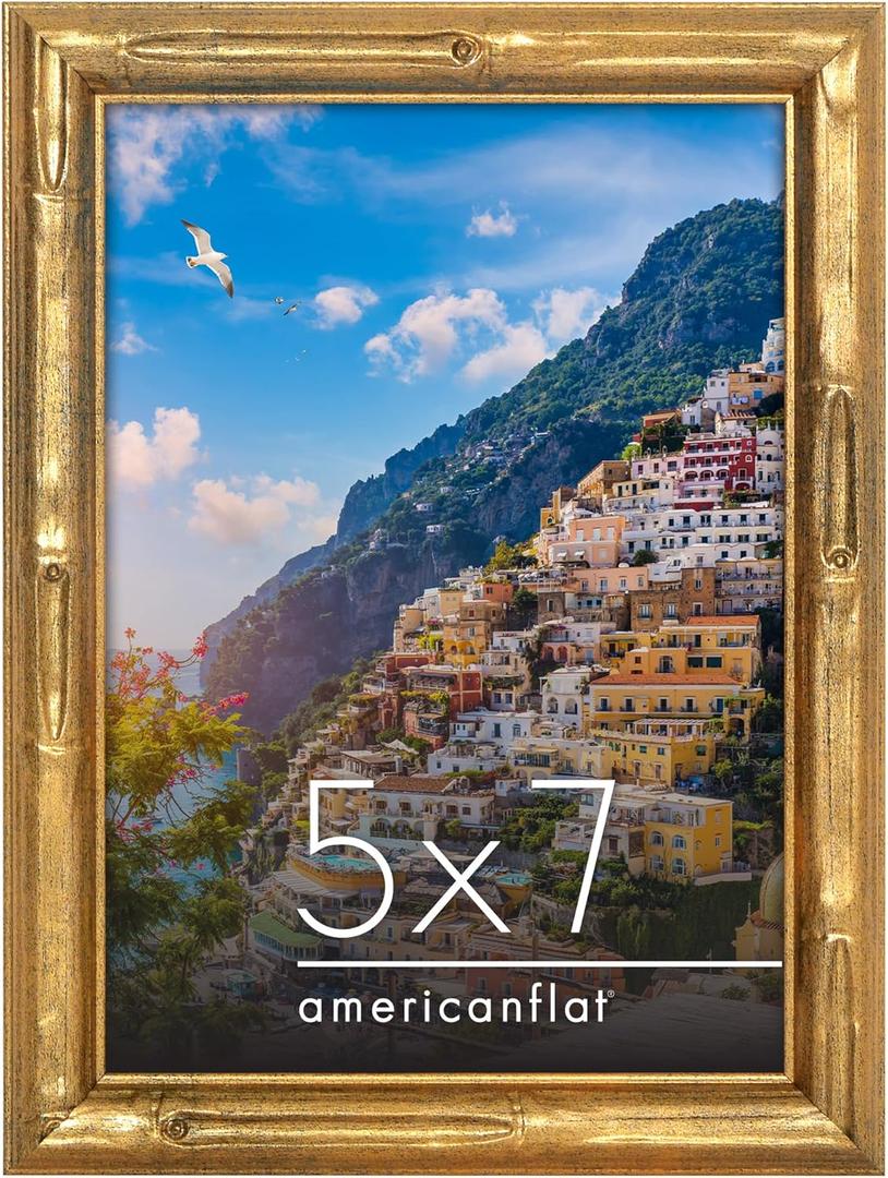 Americanflat 5x7 Picture Frame with Bamboo-Style Molding - Gold Bamboo Frame with Shatter-Resistant Glass - Elegant Gallery Style Frames for Tabletop or Wall Display - Gold