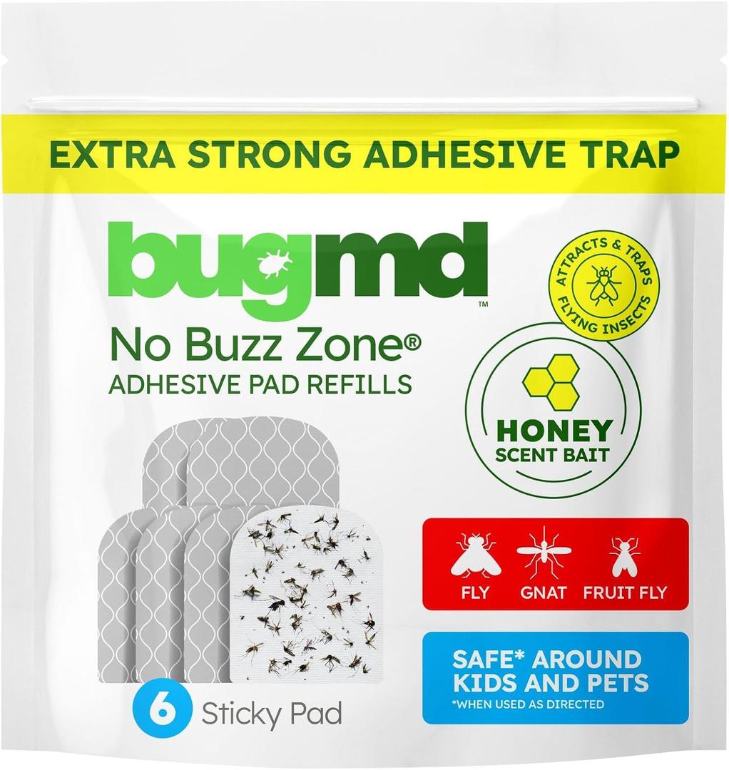 BugMD No Buzz Zone Refiller Pad (Refill of 6) - Extra-Strong Adhesive Traps, Indoor Insect Trap Refill, No Harsh Chemicals, Household Friendly, Fly Trap Refill, Flea Trap Refills, Bug Trapper