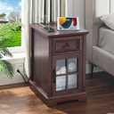 Farmhouse XXL End Table with Charging Station, Side Table with USB Ports and Outlets, Nightstand with Drawer and Glass Door Storage, Cherry Bedside Tables for Living Room, Bedroom, Office, 15.75 x 19.7 x 24.3 inches