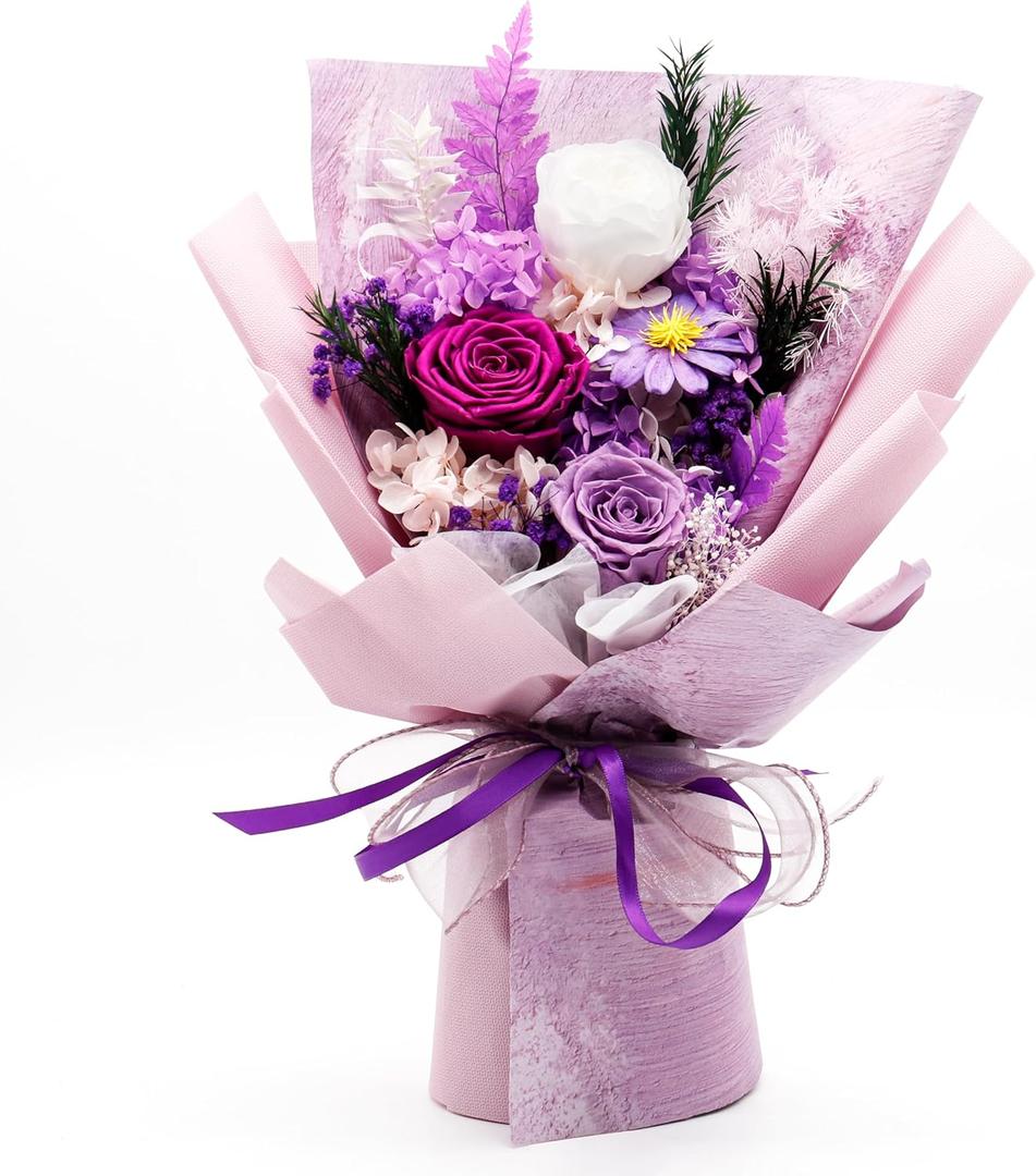 Bonvequ Preserved Flowers Bouquet, Eternal Natural Rose, Flower Birthday Decorations for Mom Women,Send Flowers Prime,Wedding Anniversary,Christmas Eve