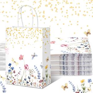 Kolldenn 16 Pcs Wildflower Paper Gift Bags Women Mother's Day Birthday Favor Goodie Candy Bags with Handles for Bridal Engagement Baby Shower Party Supplies (White)