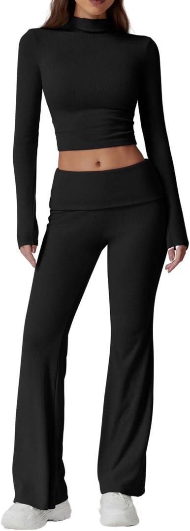 QINSEN Womens 2 Piece Lounge Sets Mock Neck Long Sleeve Tops with Side Ruched Fold Over Flare Pants Comfy Tracksuits (Medium, Black)