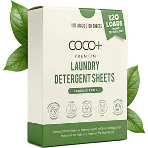 COCO+ Laundry Detergent Sheets - Nano-Concentrated with Enzymes, Hypoallergenic & Plant-Based - Deep Clean, Safe for Sensitive Skin - (120 Loads 60 Sheets) - Fragrance Free