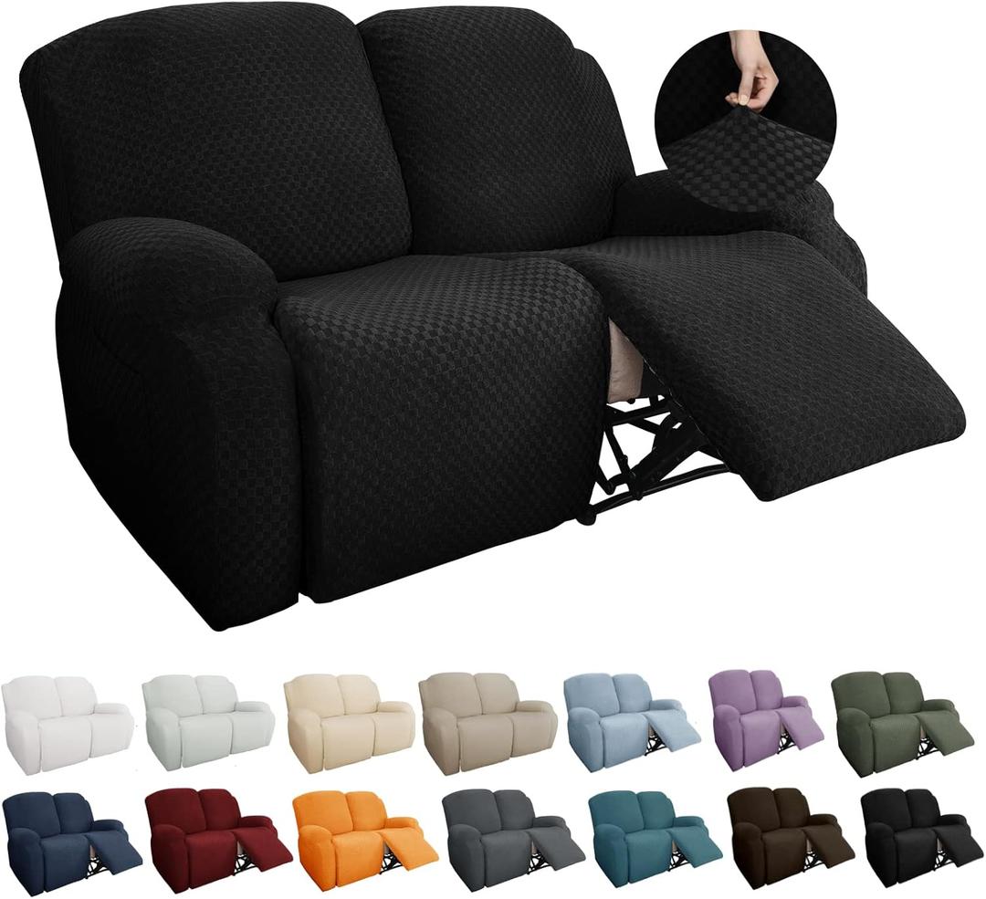 YEMYHOM 6 Pieces Stretch Loveseat Recliner Slipcover Jacquard Recliner Sofa Cover with Side Pocket Fitted Recliner Cover Couch Furniture Protector with Elastic Bottom (Loveseat Recliner, Black) (2 Seater)