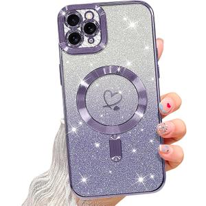NITITOP Compatible with iPhone 11 Pro Max Case Cute Clear Glitter [Compatible for MagSafe] Plating Heart Sparkle Bling Magnetic Girl Women Electroplated Frame Camera Protection Back Cover - Purple