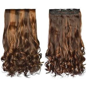 REECHO 20" 1-Pack 3/4 Full Head Curly Wave Clips in on Synthetic Hair Extensions HE008 Hairpieces for Women 5 Clips 4.5 Oz per Piece - Dark Brown with Chestnut Highlights