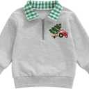 Toddler Boy Girl Christmas Outfit Quarter Zip Sweatshirt with Plaid Collar Shirt Pullover Top (3-4T, A1 Grey)