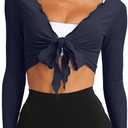 LASLULU Womens Tie Front Wrap Tops Long Sleeve Bolero Shrugs Crop Cardigan Yoga Ballet Cover up Tops Pilates Outfits (Blue, S)