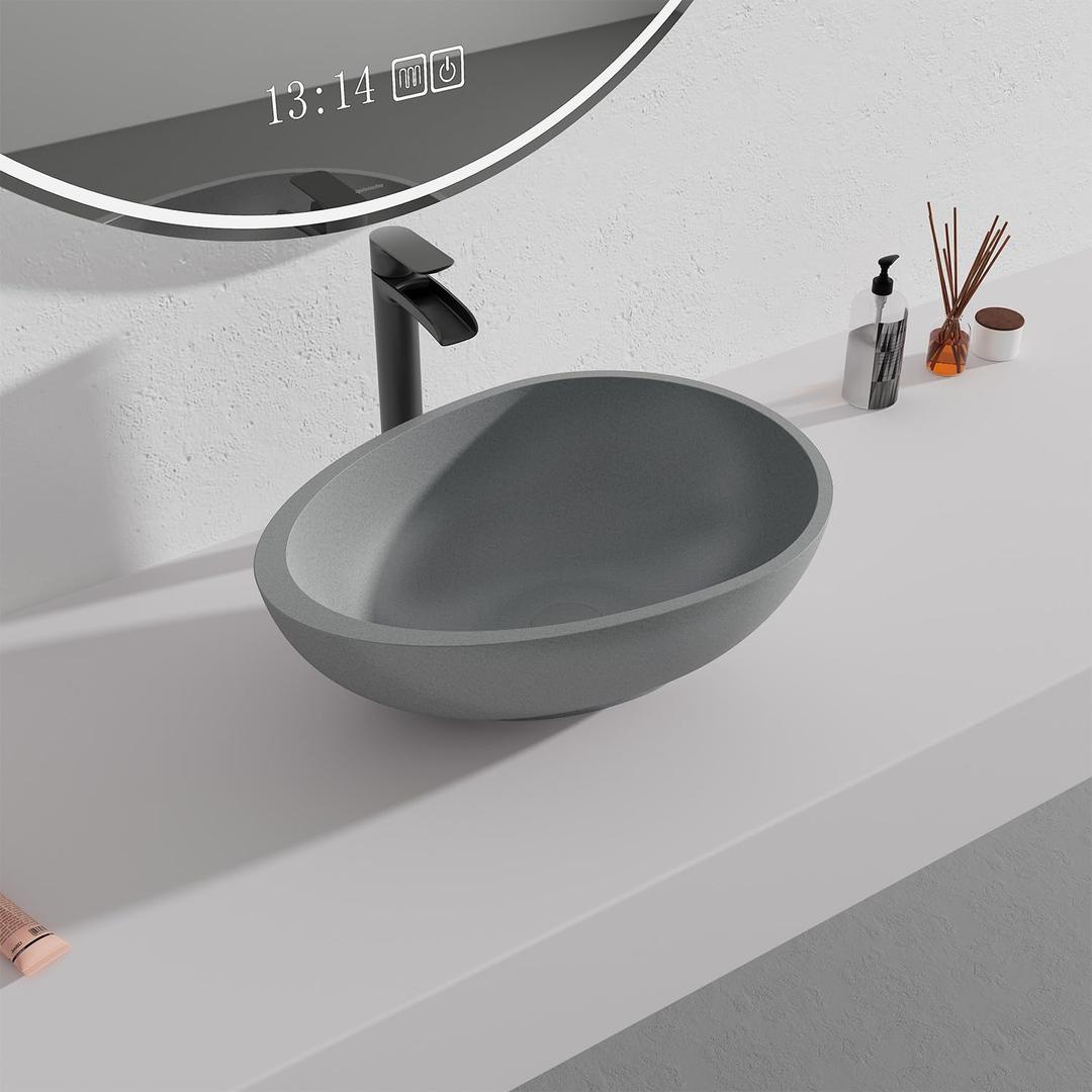 CASAINC Vessel Sink with Pop up Drainer, 21'' Concrete Bathroom Sink, Egg Shape Countertop Sink, Above Counter Bowl Basin, Modern Artistic Bathroom Vanity Sink Bluish Gray (Egg Shape)