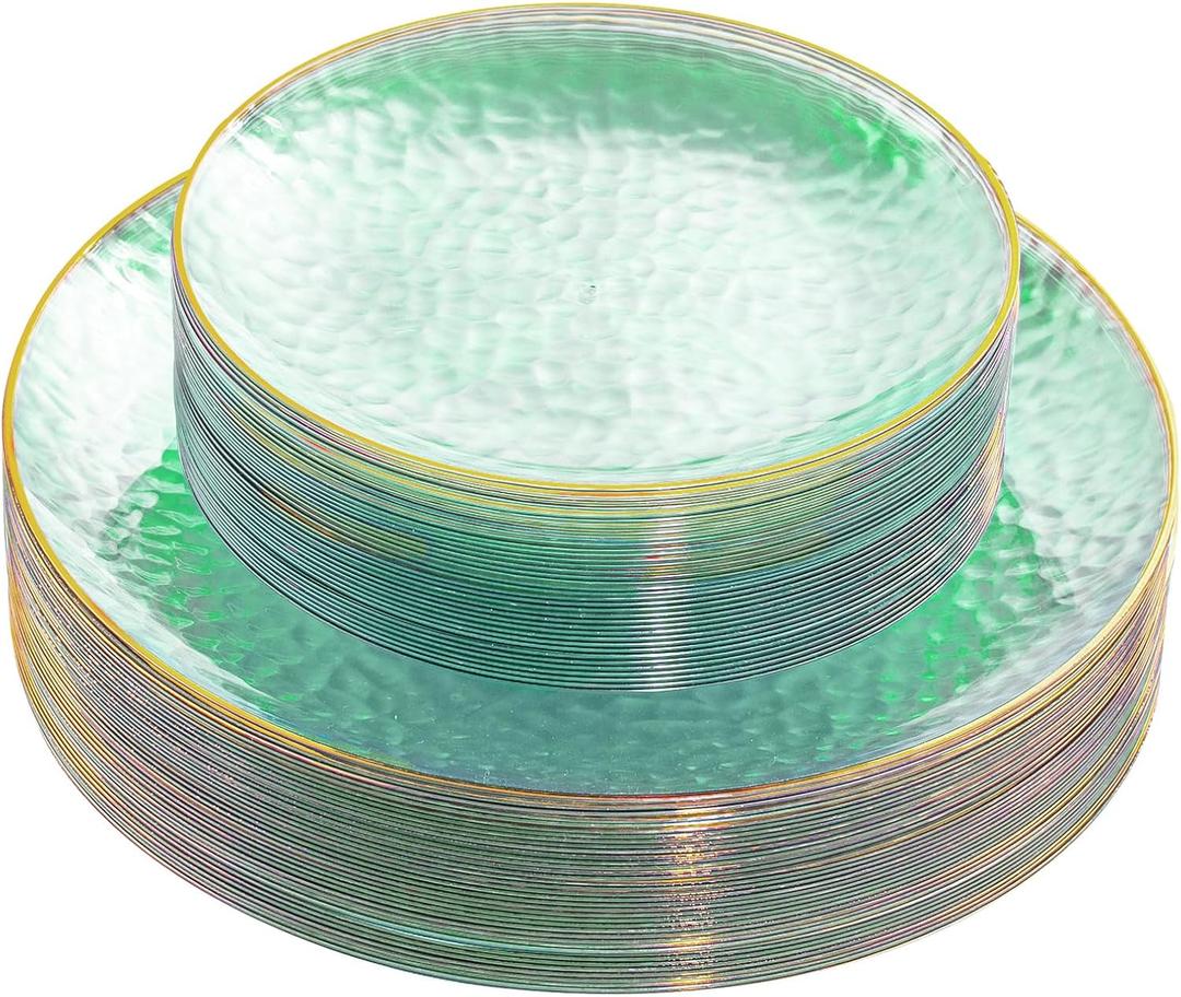 Rubtlamp 60 Green Plastic Plates, Hammered Clear and Gold Disposable Plates Include 30 Dessert Platos, 30 Dinner Platos for St. Patrick's Day