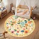 Floral Nursery 6ft Area Rugs Washable Print Boho Cute Carpet Non Slip Flower Low Pile for Living Room Kids Girls Playroom Bedroom Kitchen Office Farmhouse-Ivory/Yellow