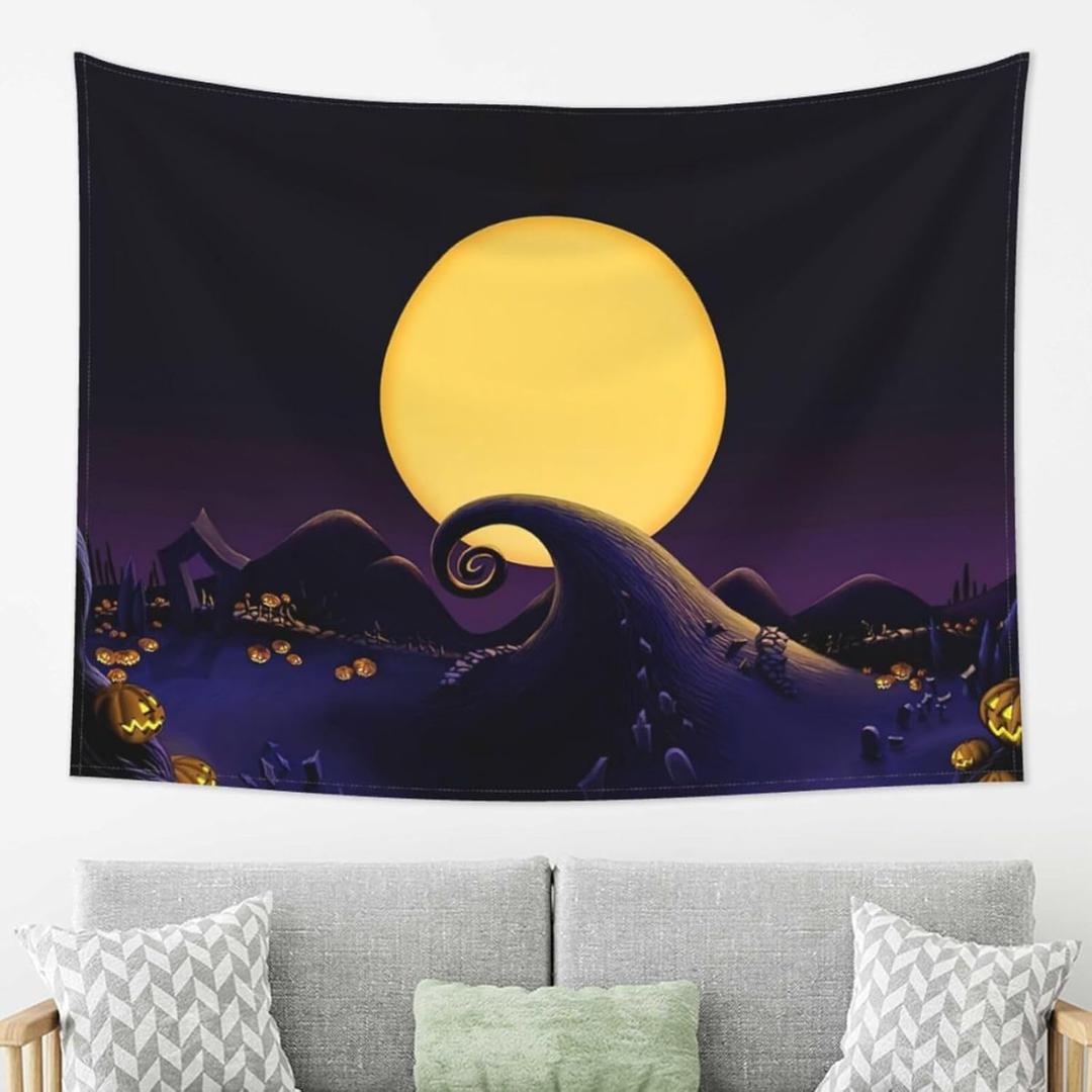 Halloween Tapestry Halloween Poster Photography Background Horror Moon Night Tapestries Scary Cemetery Pumpkin Lantern Photo Backdrop Haloween Party Decoration for Family Party Birthday 80X60 IN (BLACK)