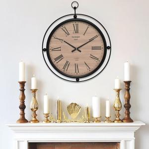 24 Inch Wooden Wall Clock with Roman Numerals, Black Metal Frame, and Glass Cover - Elegant Home Decor, Silent Quartz Movement, Easy to Read, Perfect for Living Room, Kitchen, or Bedroom