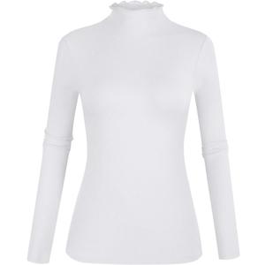 POPZONE Women's Lettuce Trim Mock Neck Long Sleeve Slim Fit Ribbed Knit Tee Shirt Tops (X-Large, 01-white)