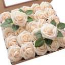 Floroom Artificial Flowers 25pcs Real Looking Cream Foam Fake Roses with Stems for DIY Wedding Bouquets Bridal Shower Centerpieces Floral Arrangements Party Tables Home Decorations