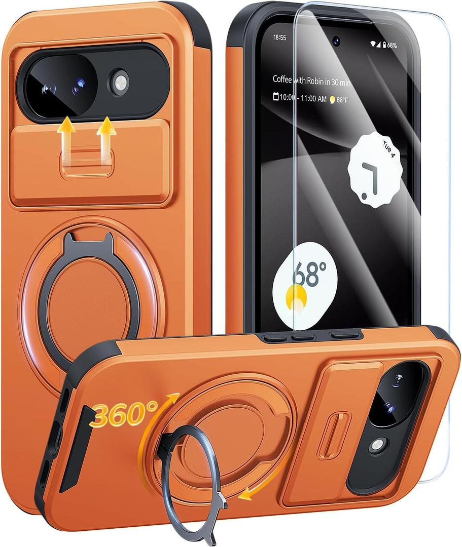 JAME for Google Pixel 10A Case, Ring Holder Stand Kickstand, Slide Camera Cover with Screen Protector, Dual-Layer Shockproof Protective, Magnetic Accessory Friendly Google Pixel 10a Phone Case, Orange