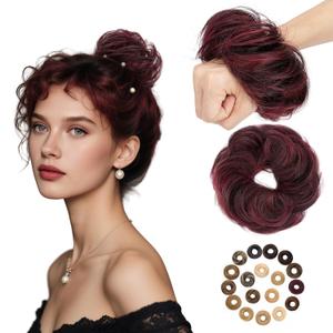 Messy Bun Hair Piece Human Hair, Human Hair Messy Bun Hair Piece for Women,100% Real Hair Bun Wig,Invisible Light and Soft Wavy-1P99J Burgundy Black Mix