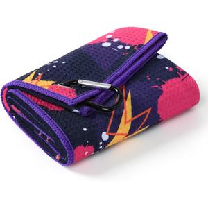 Mile High Life Golf Towel 16"x24", Microfiber Waffle Weave with Heavy Duty Clip, Fun Prints Gym Towels for Men & Women, Golf Accessories for Cleaning Clubs and Balls (Scrawl - Purple Towel)
