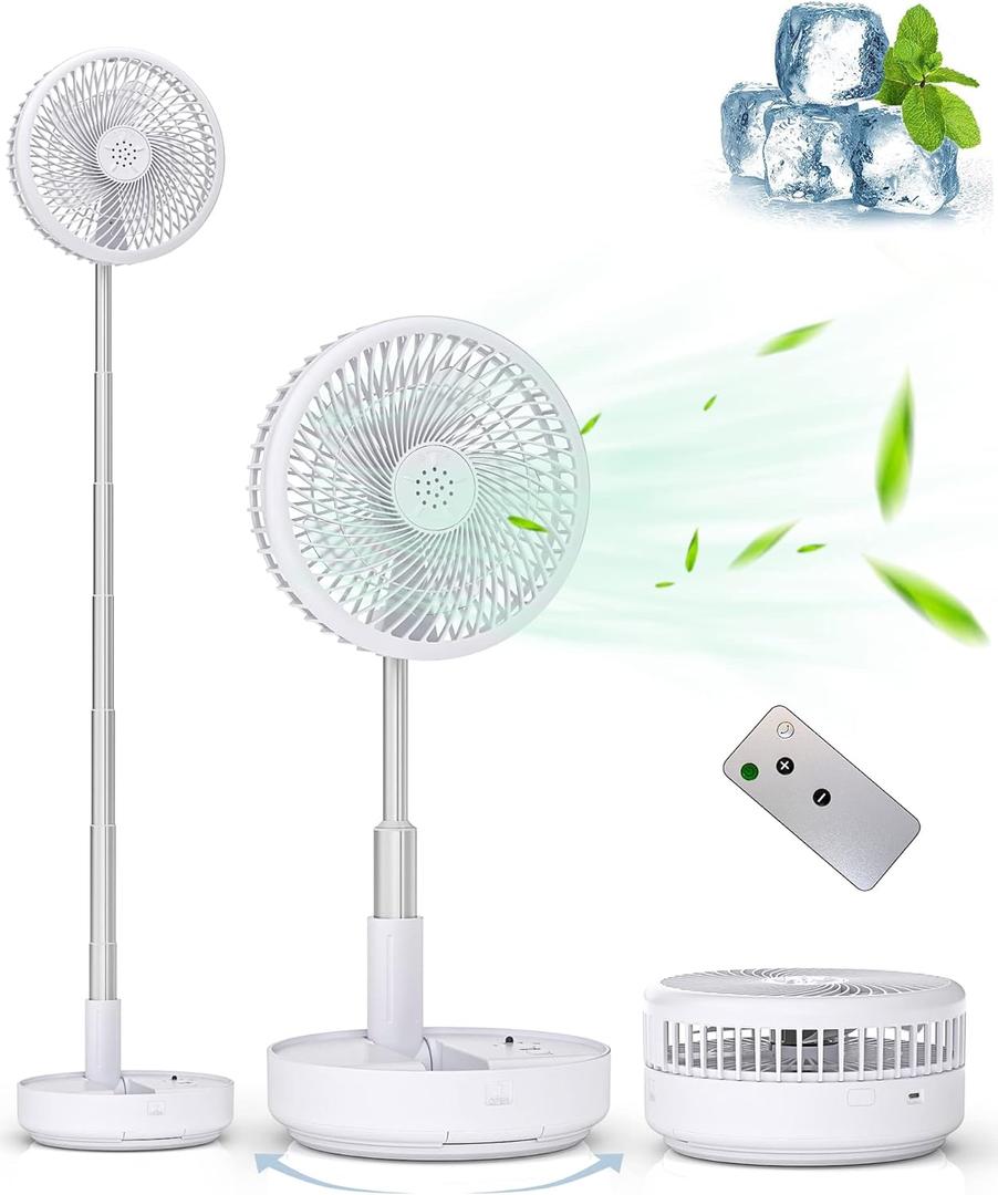 Primevolve Portable Oscillating Standing Fan,Rechargeable Battery Operated USB Floor Table Desk Fan with Remote, 4 Speed Settings Pedestal Fans for Bedroom Office Camping Fishing Travel White 7.7", 1 Pc