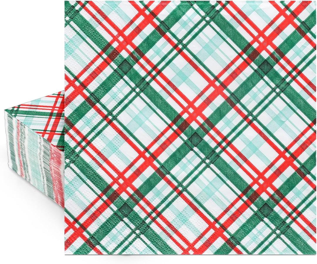 Whaline 80 Packs Checkered Paper Napkins Christmas Disposable Napkins Red Green Plaid Decorative Napkins for Party Supplies Table Decor, 6.5 x 6.5 Inch