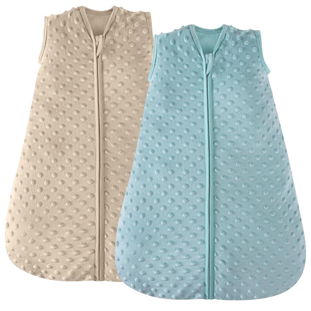 JELLYMONI Fleece Baby Sleep Sack 0-6 Months, 1.5 Tog Warm Winter Baby Wearable Blanket with Plush Dots and 2-Way Zipper, Cotton Toddler Sleep Sack (Small, Blue/Khaki)