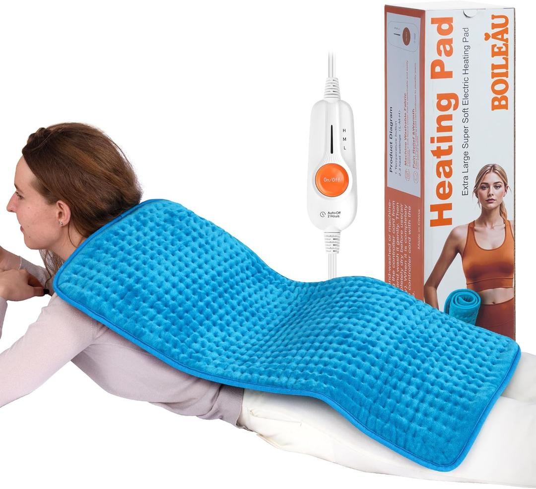 Boileau Electric Heating Pad for Back Pain and Period Cramps Relief, 17"x33" Extra Large XXXL, 3 Heating Levels Heat Pad with 2-Hour Auto Shut Off, Gifts for Women and Mom, Blue
