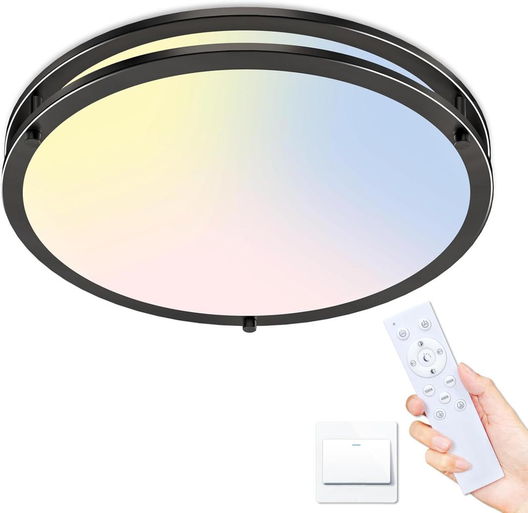 libtit 16Inch Flush Mount Ceiling Lights with Remote, 36W Dimmable LED Ceiling Light 3000K-6500K Adjustable, Large & Bright Black Light Fixture for Kitchen Bedroom LivingRoom -1Pack