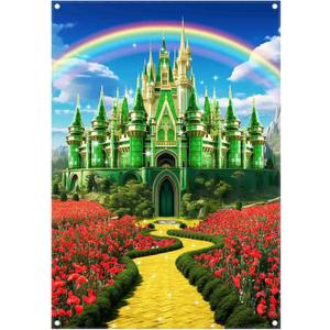 5x7ft Polyester Green Castle Backdrop Yellow Brick Road Rainbow Sky Photography Background Floral Banner Party Decorations Photo Props