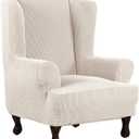 H.VERSAILTEX Wing Chair Slipcover Chair Covers for Wingback Chairs Wingback Chair Covers Slipcovers 1 Piece Stretch Sofa Cover Furniture Protector Soft Spandex Jacquard Checked Pattern, Ivory