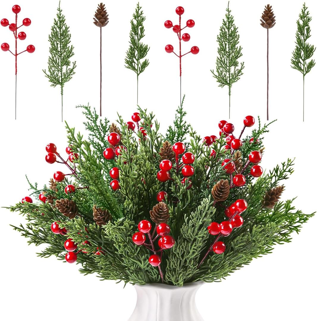 60 Pcs Christmas Artificial Pine Branches Red Berry Stems and Pine Cones, Fake Foliage Greenery Pine Needles Picks for DIY Craft Garland Wreath Xmas Embellishing Home Garden Decor