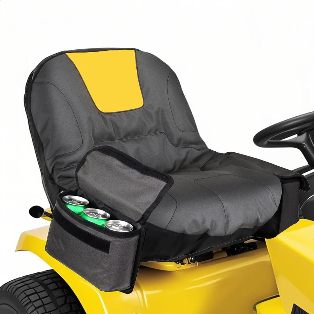 Deluxe Tractor Seat Cover for Cub Cadet,Riding Lawn Mower Seat Cover Compatible with Husqvarna,for John Deere,with Drink Pouch (Medium) (grey&yellow)