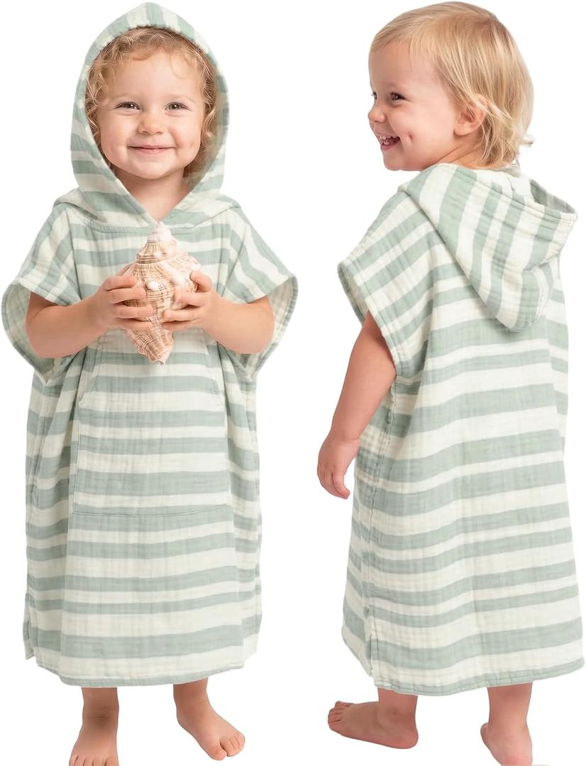 Konssy 100% Muslin Cotton Toddler Beach Towel Poncho with Hood, 24.5" x 21" | Soft & Absorbent, Lightweight Hooded Towel for Kids, Quick-Dry Towel for Pool & Bath, Front Pocket Design, 1-3 Years (Green)